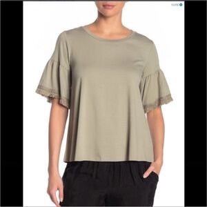 Johnny Was Fringe Trim Flutter Sleeve T-Shirt in Sage Size Medium